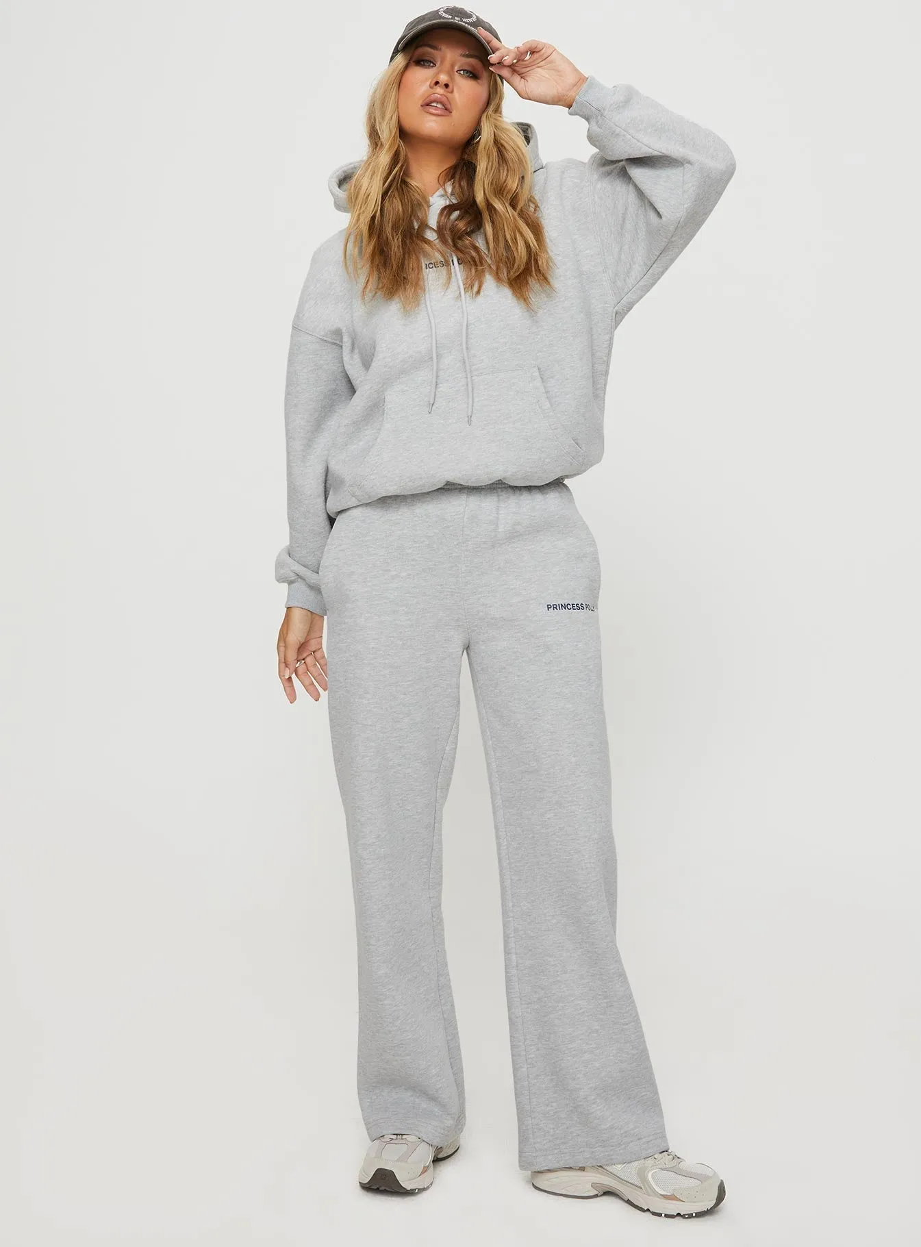Princess Polly Straight Leg Track Pants Text Grey Marle Multi Panel Construction