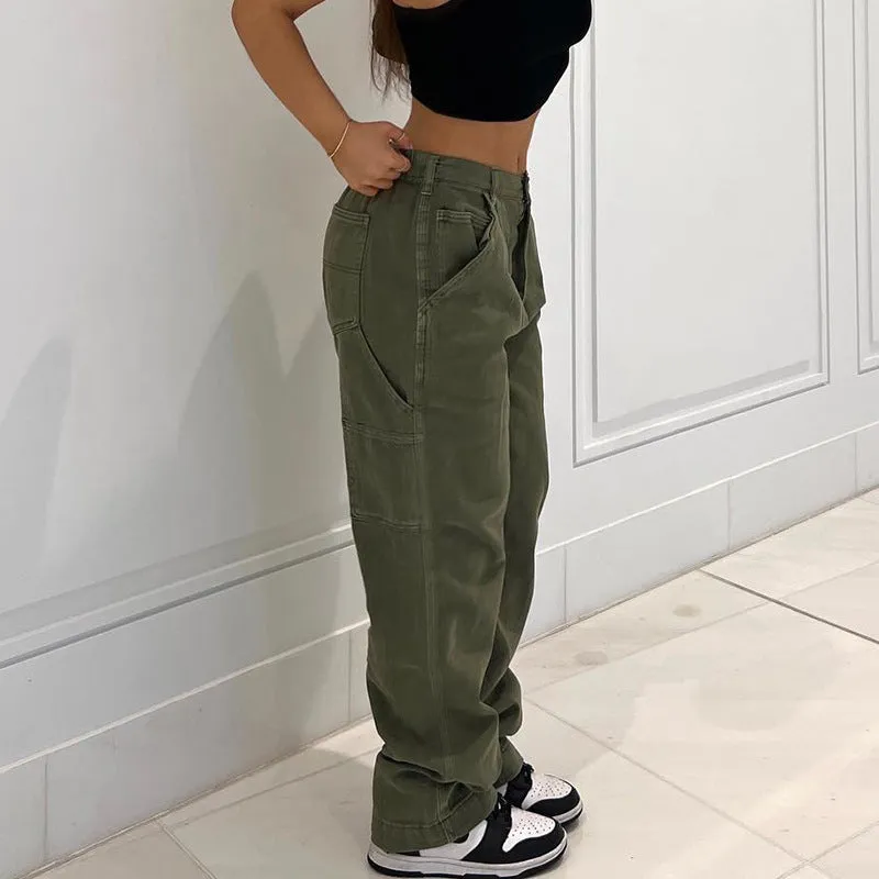 Women's Denim Straight High Waist Stitching Multi-pocket Trousers Breathable Lining MultiFunctional Pockets