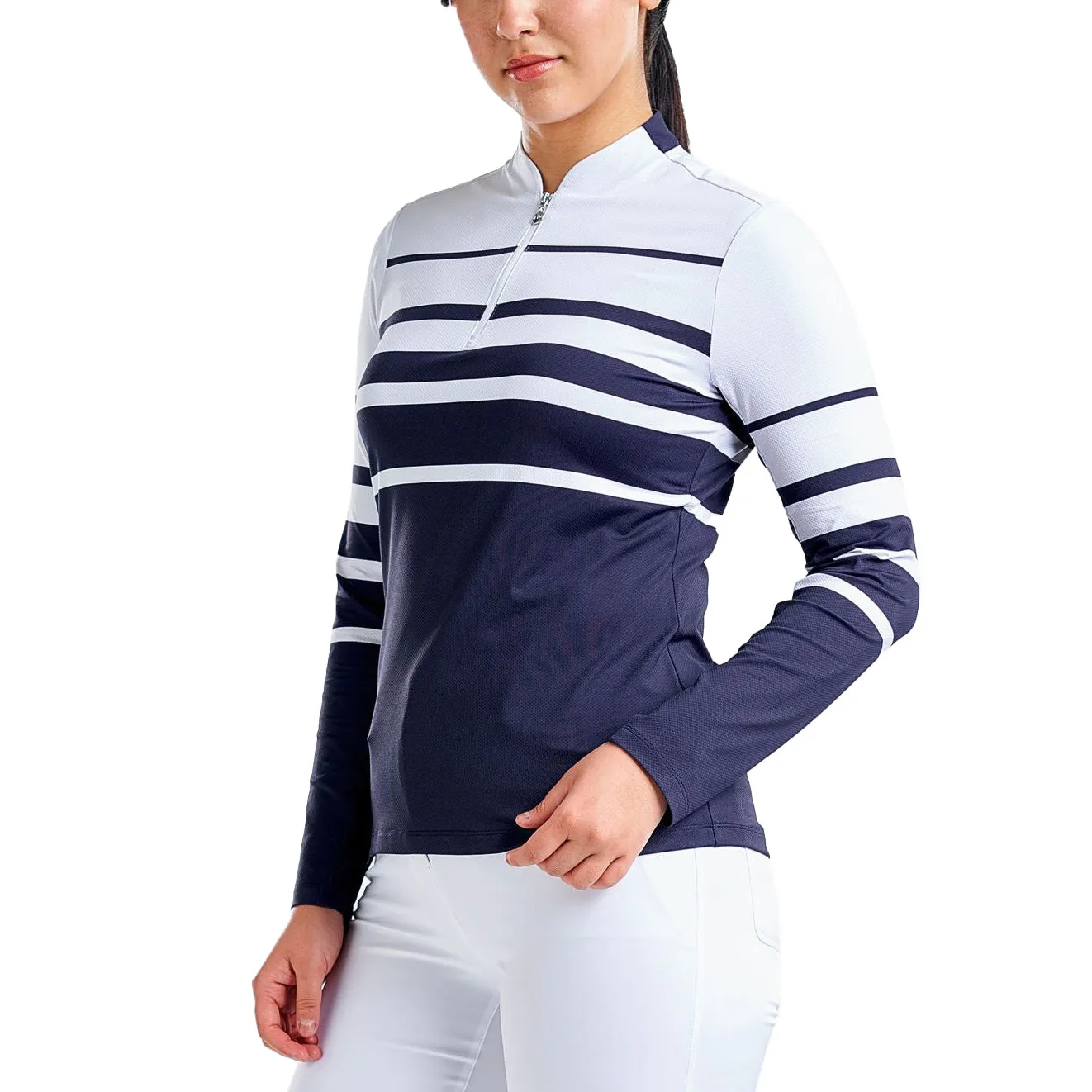 Sporty Gear Nivo Women's Lolita UV Long Sleeve Mock Neck Golf Shirt - White/Navy