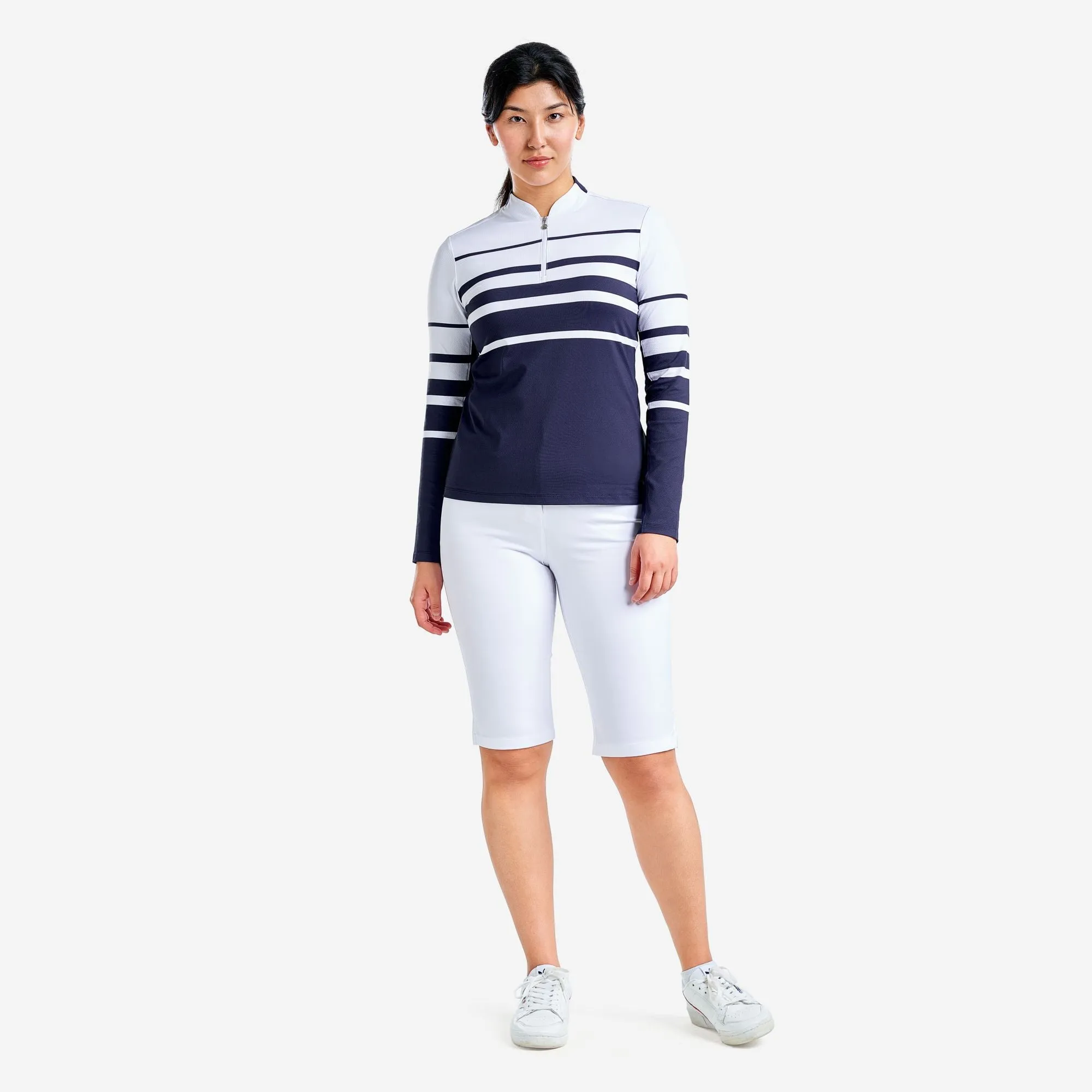 Nivo Women's Lolita UV Long Sleeve Mock Neck Golf Shirt - White/Navy Earth Glow Soft Jersey