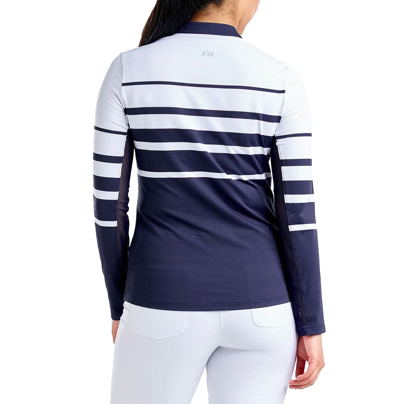 Nivo Women's Lolita UV Long Sleeve Mock Neck Golf Shirt - White/Navy DurableBlend Organic Cotton Certification