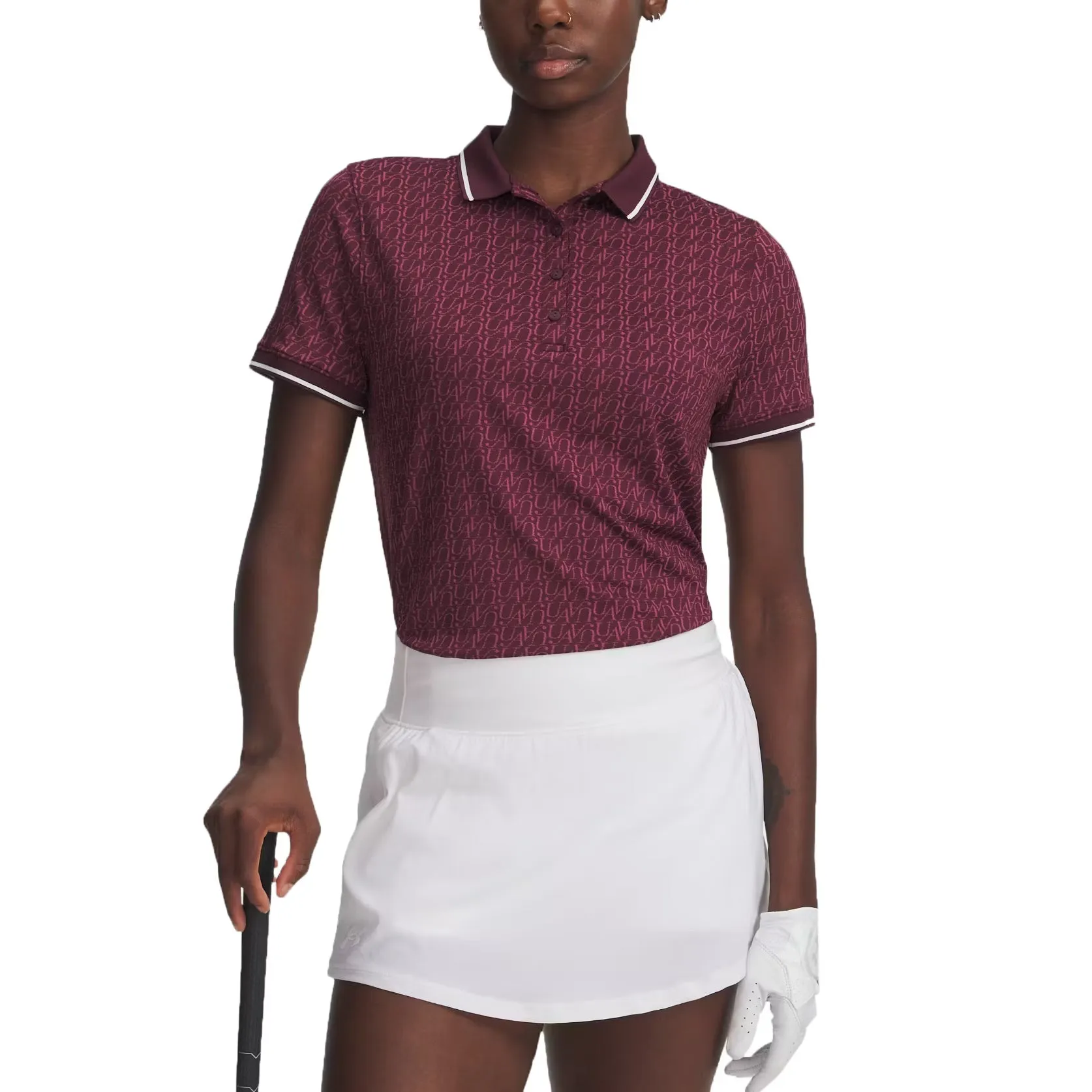 AntiPillingFabric Model Edge Under Armour Women's Drive Jacquard Golf Polo Shirt - Dark Maroon/Fuchsia Dusk/White