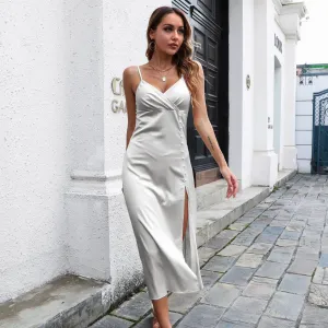 Women's Breasted Satin silk V-neck Spaghetti strap Backless Midi Dress cocktail split dress Trendy wrap gown