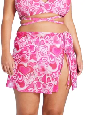 High Street Chic Women's Heart Printed Side Tie Mesh Skirt,Rose