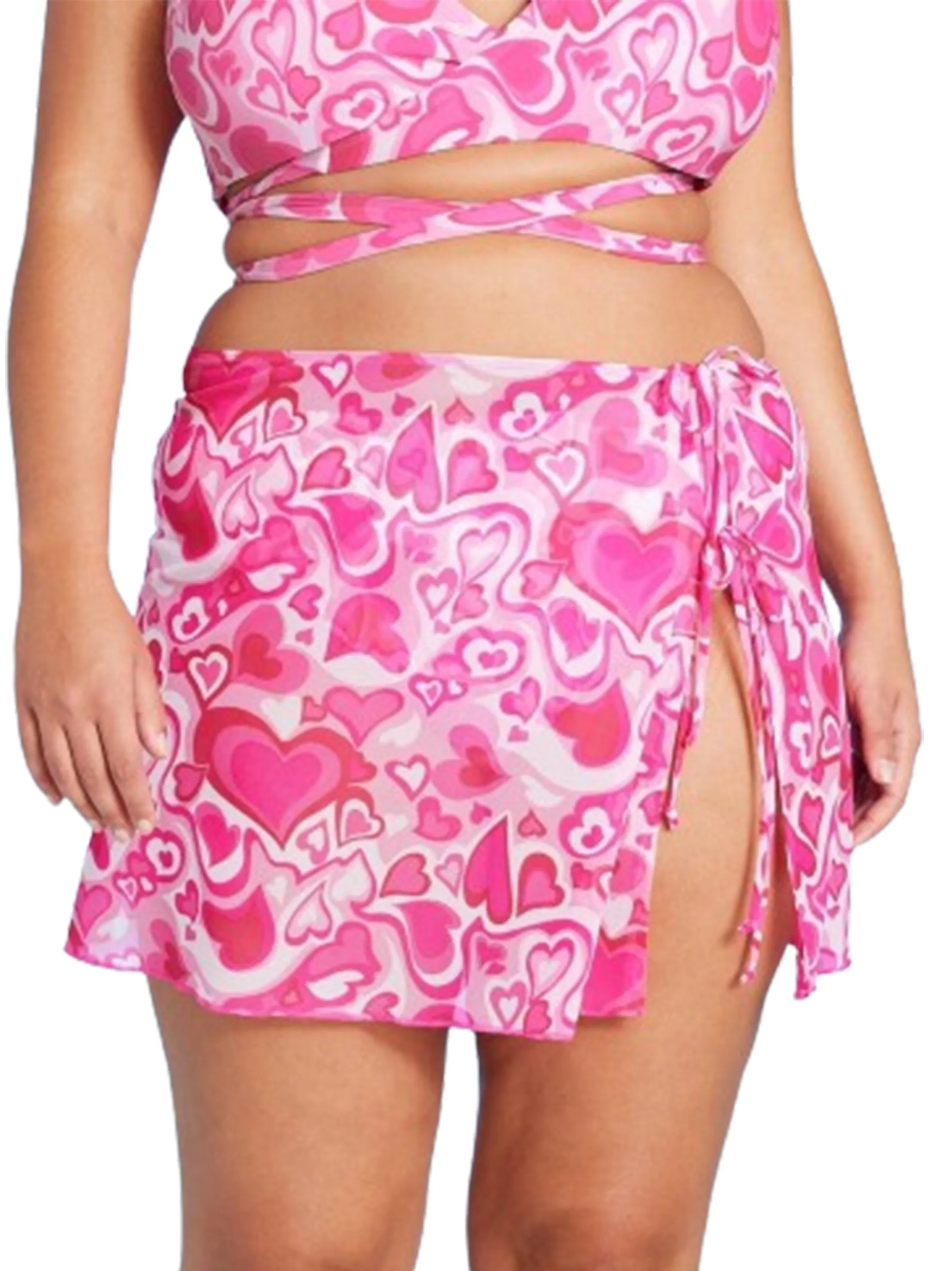 High Street Chic Women's Heart Printed Side Tie Mesh Skirt,Rose