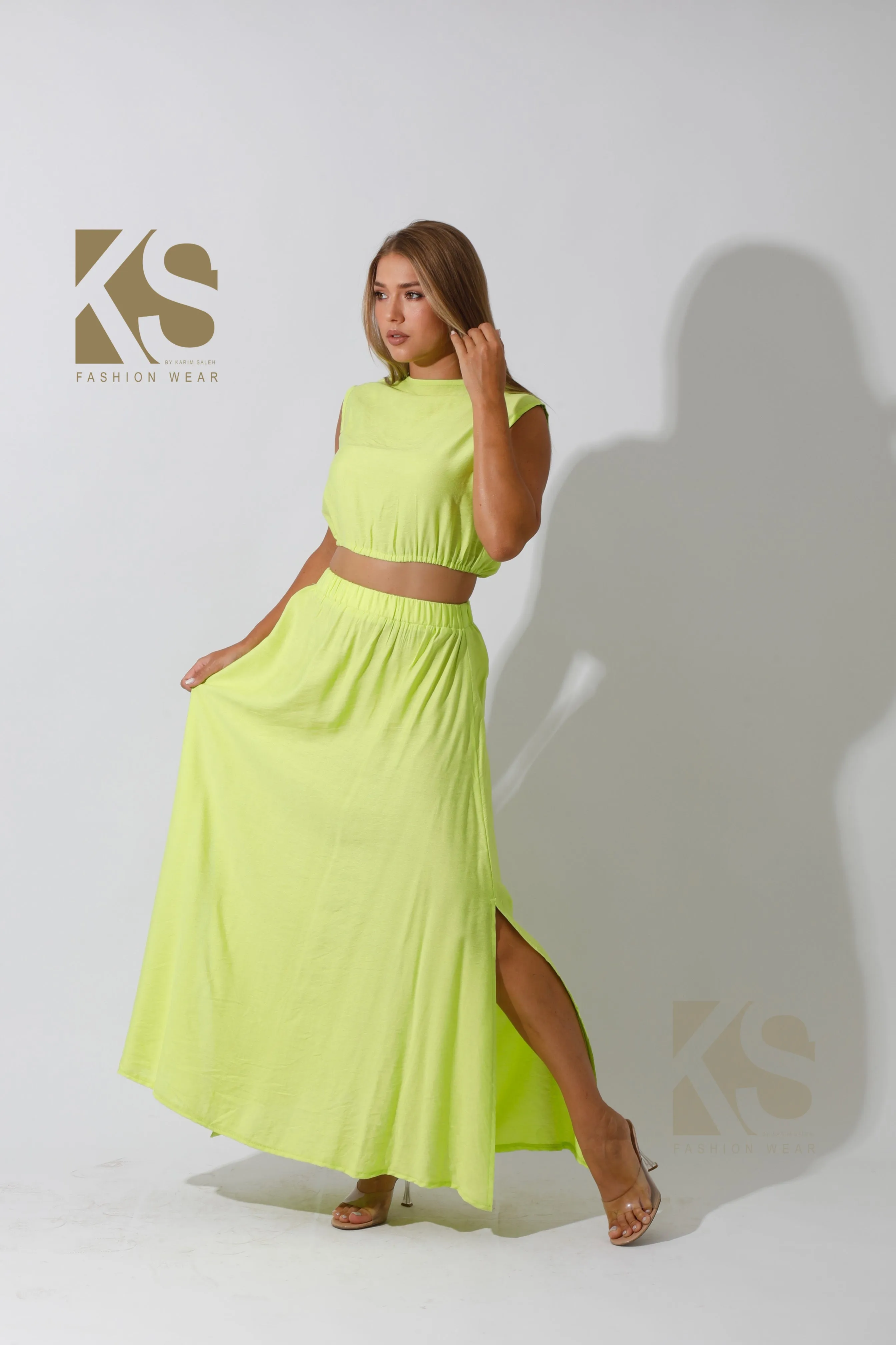 Crop Top & Maxi Side Slite Skirt Set Abstract Motif Wrinkle Resistant