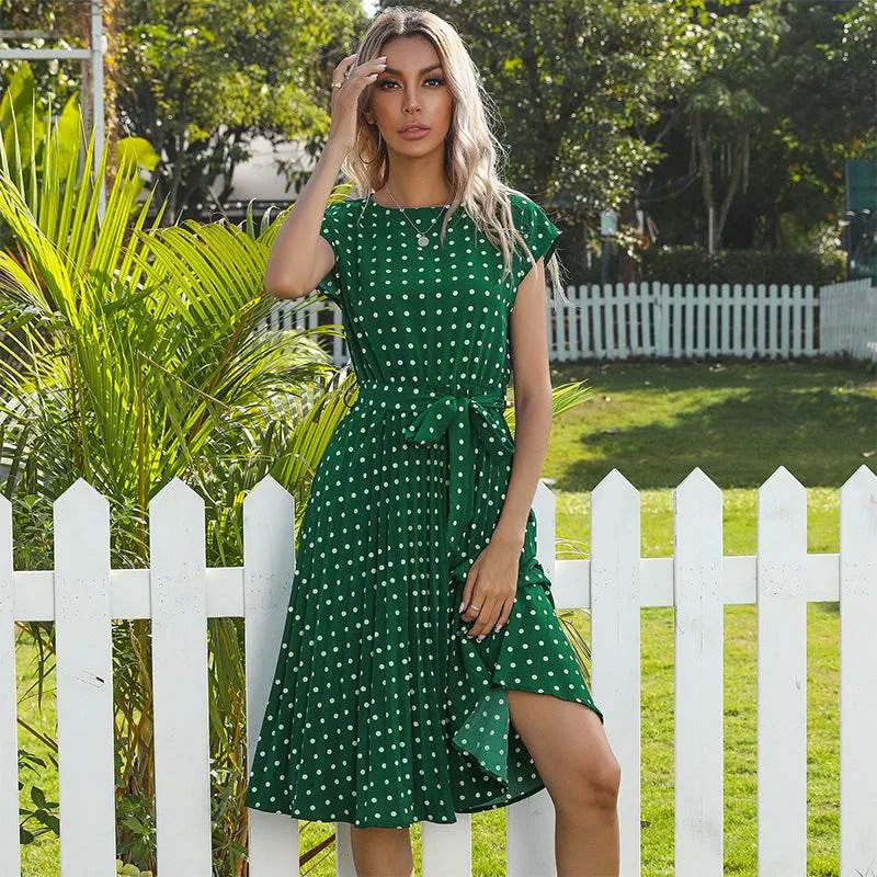 Summer Women Polka Dot Short Sleeve Dress Casual Pleated Midi Dresses Elegant Green Office Lady Clothing Satin Soft Classic structured dress