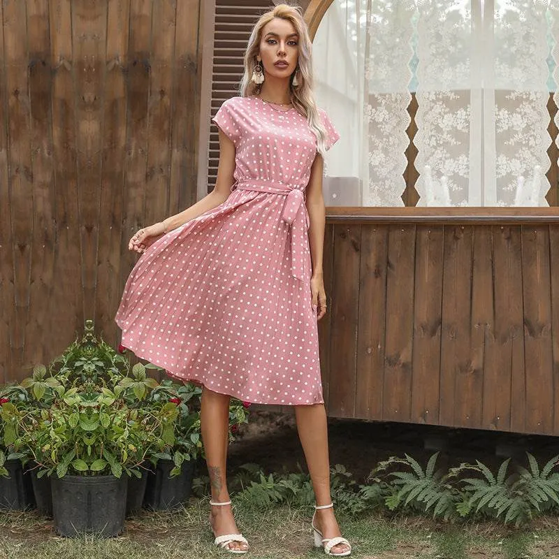Summer Women Polka Dot Short Sleeve Dress Casual Pleated Midi Dresses Elegant Green Office Lady Clothing Fashion Daily Trendy floral dress