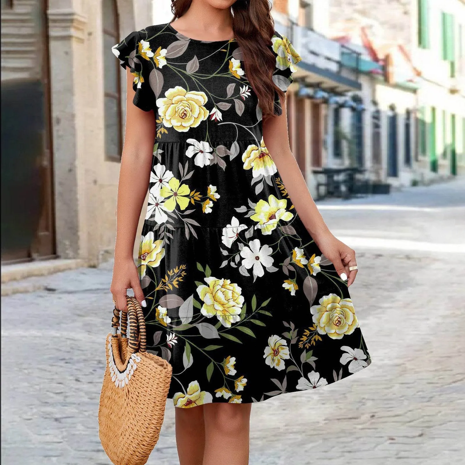 Silk Air Soft Vibes Ruffle Sleeve Dress Summer Loose Flower Print Beach Dresses Sweet Skirt Women