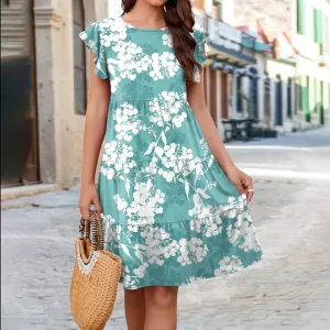 Autumn-Season Ruffle Sleeve Dress Summer Loose Flower Print Beach Dresses Sweet Skirt Women
