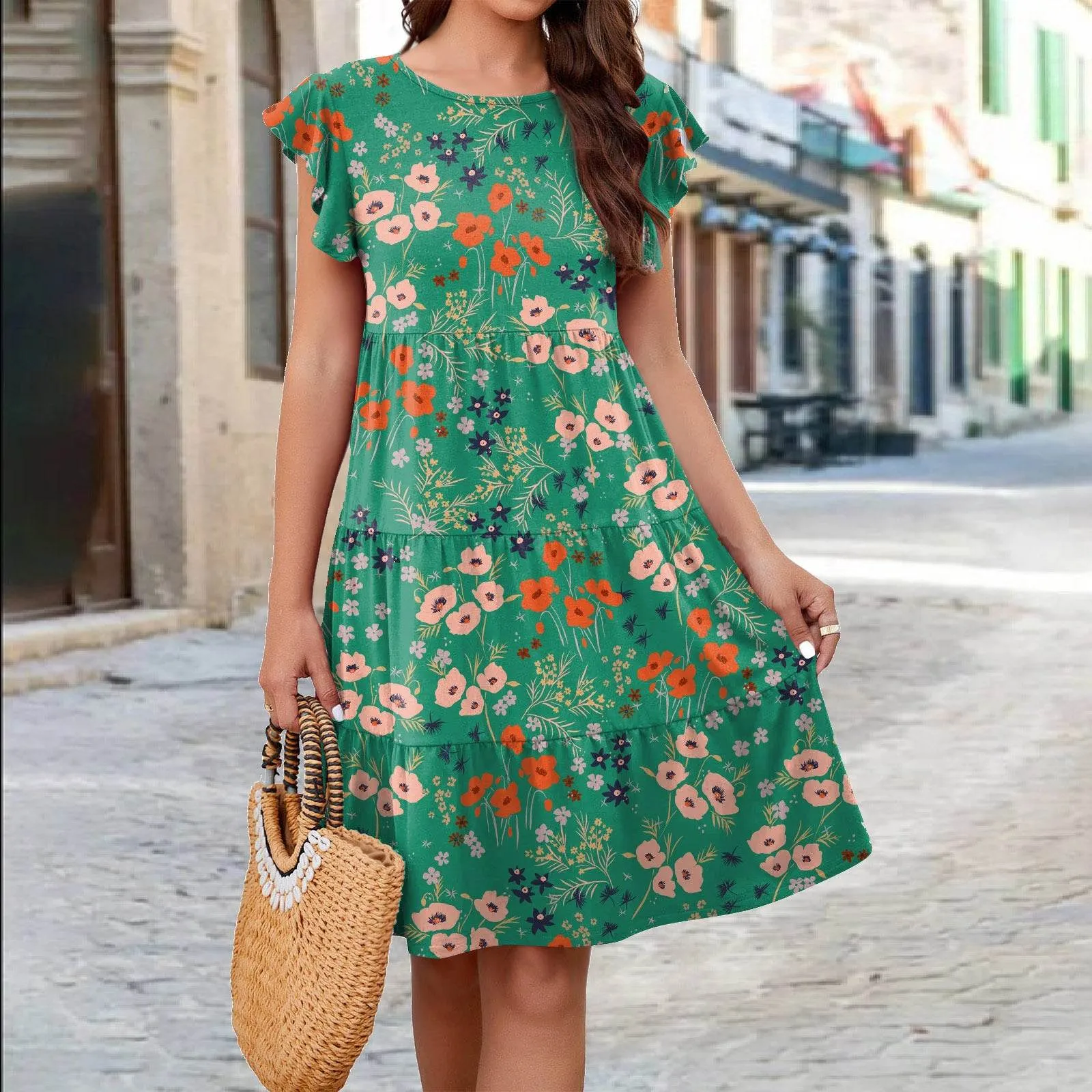 Easy Comfort Look garden party Ruffle Sleeve Dress Summer Loose Flower Print Beach Dresses Sweet Skirt Women
