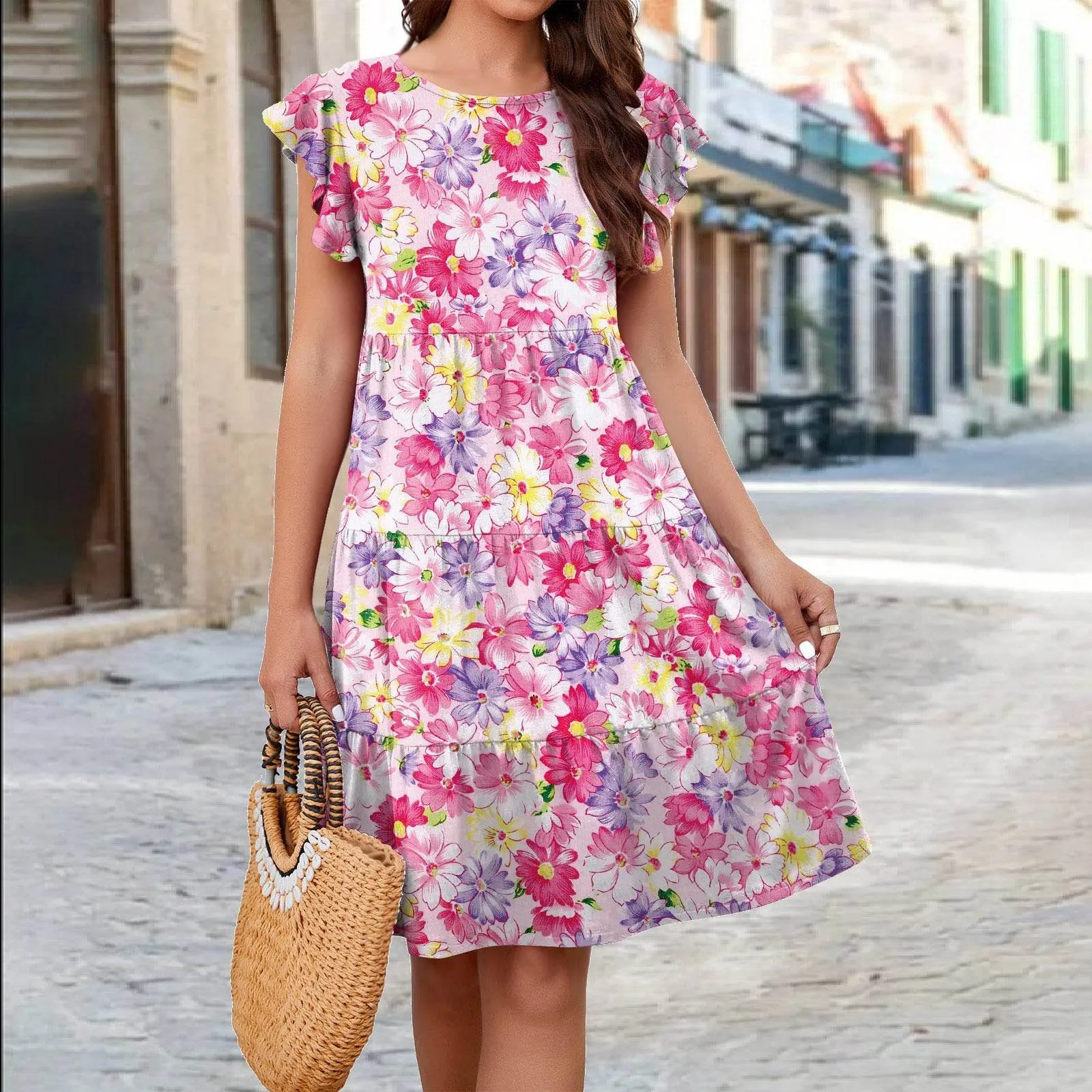 Ruffle Sleeve Dress Summer Loose Flower Print Beach Dresses Sweet Skirt Women Vibrant Colors Urban Classic