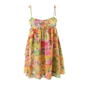 A-Line Soft Layering Y2K Flowers Print Suspender Dress Summer Fashion Ruffled Holiday Beach Short Dresses Womens Clothing