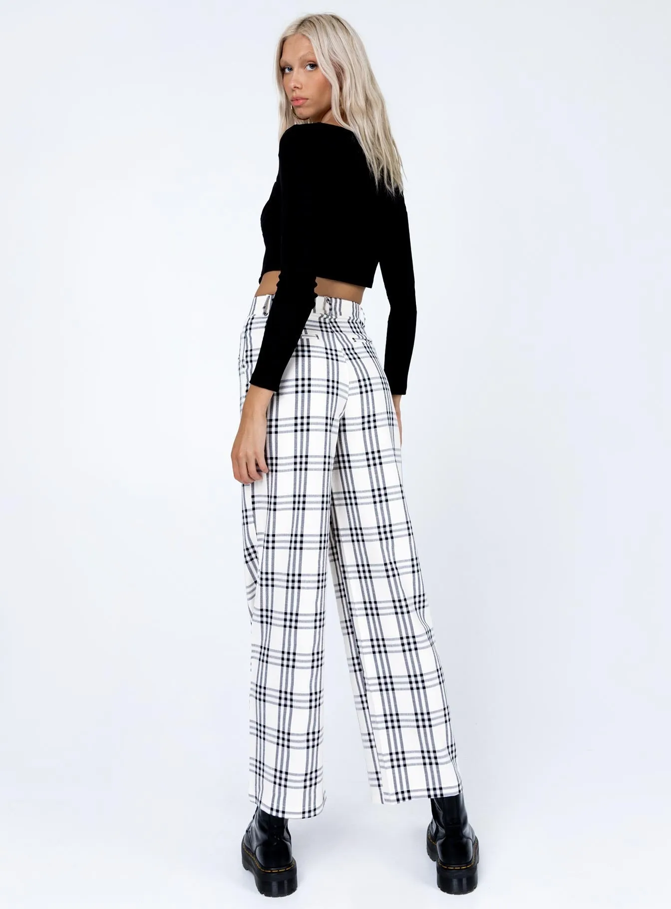 Stretch Waist Declan Checked Wide Leg Pants White