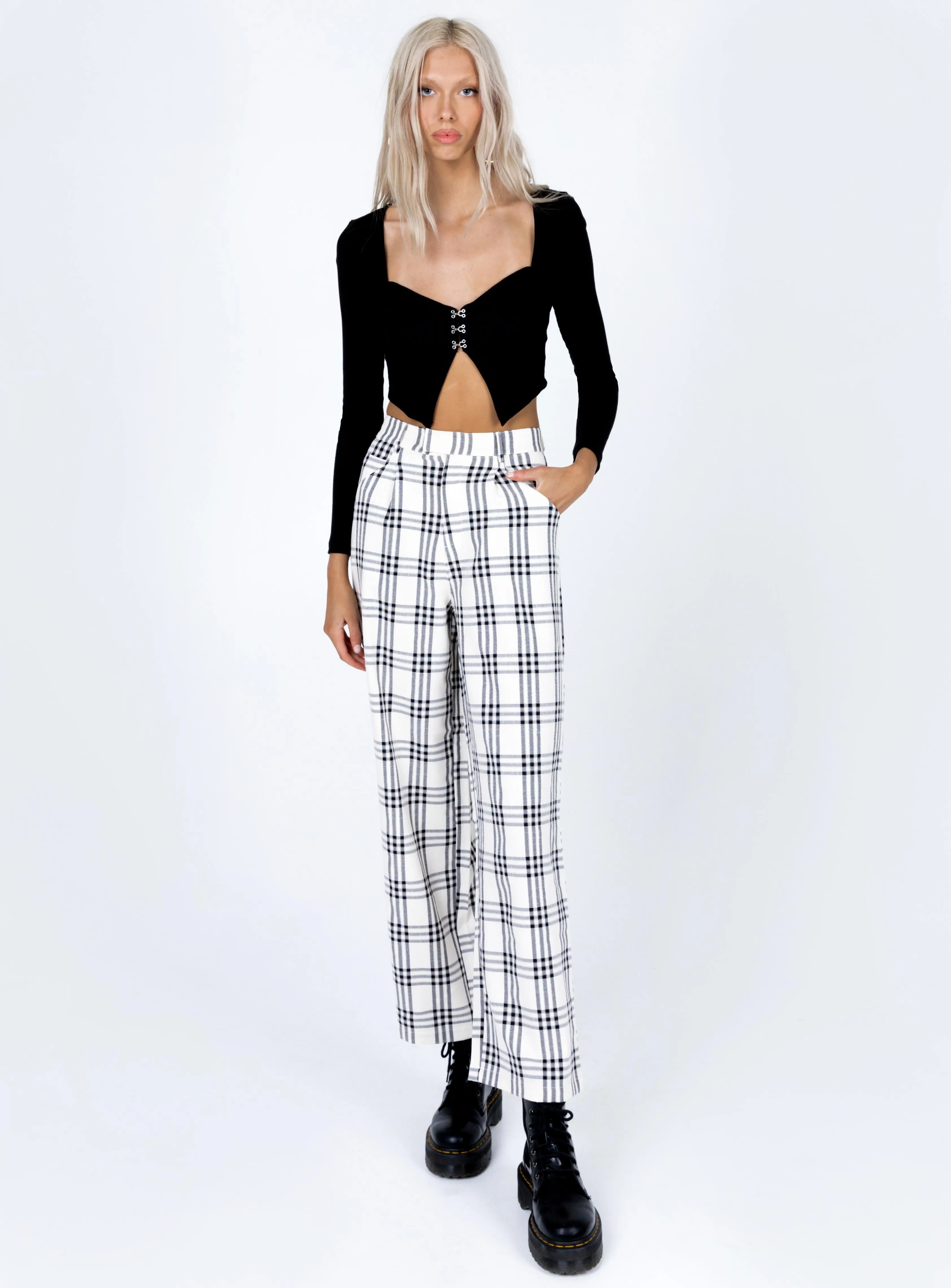 Comfortable Waistband Active Comfort Declan Checked Wide Leg Pants White