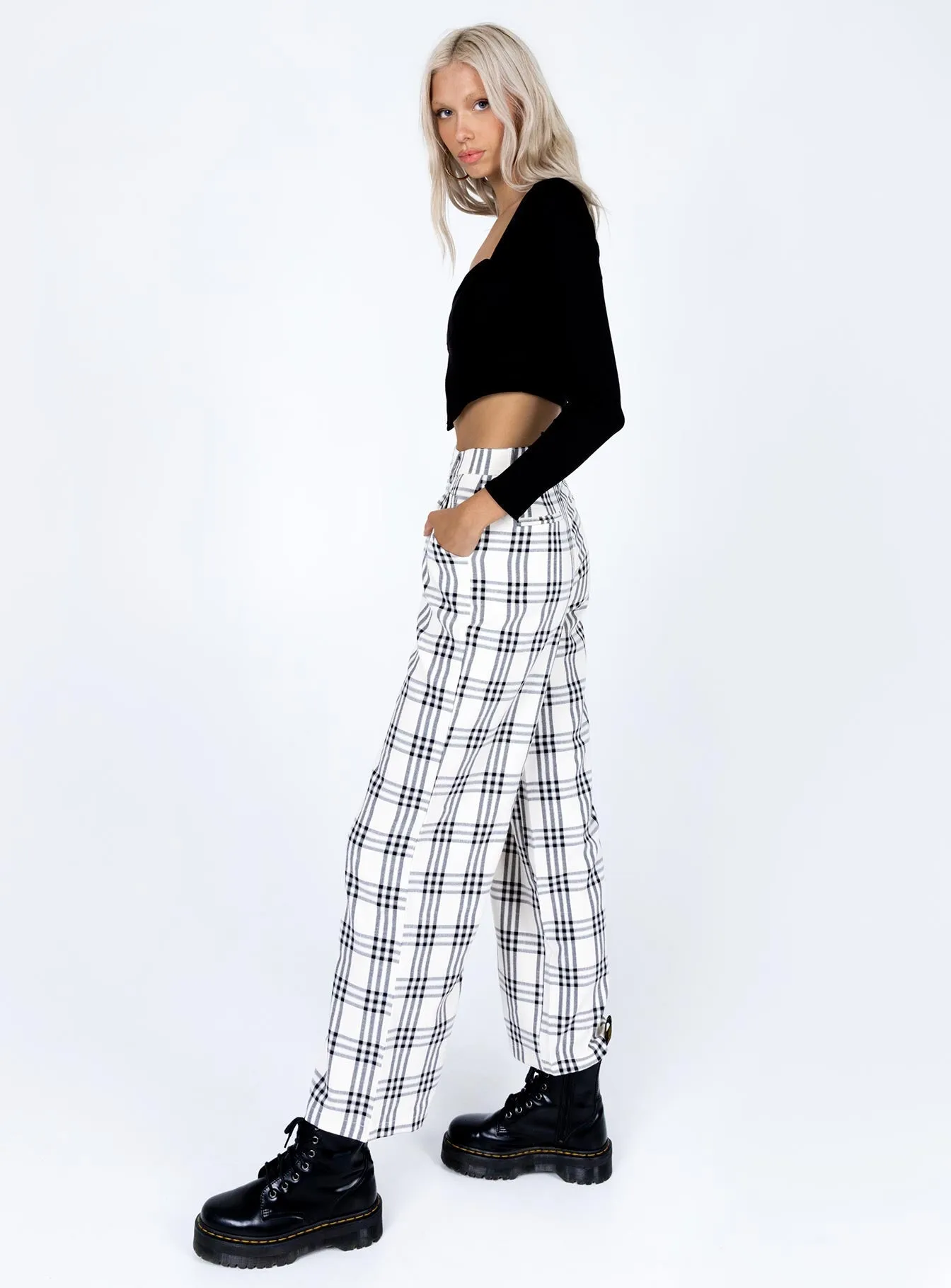 Declan Checked Wide Leg Pants White Easy Fit Design