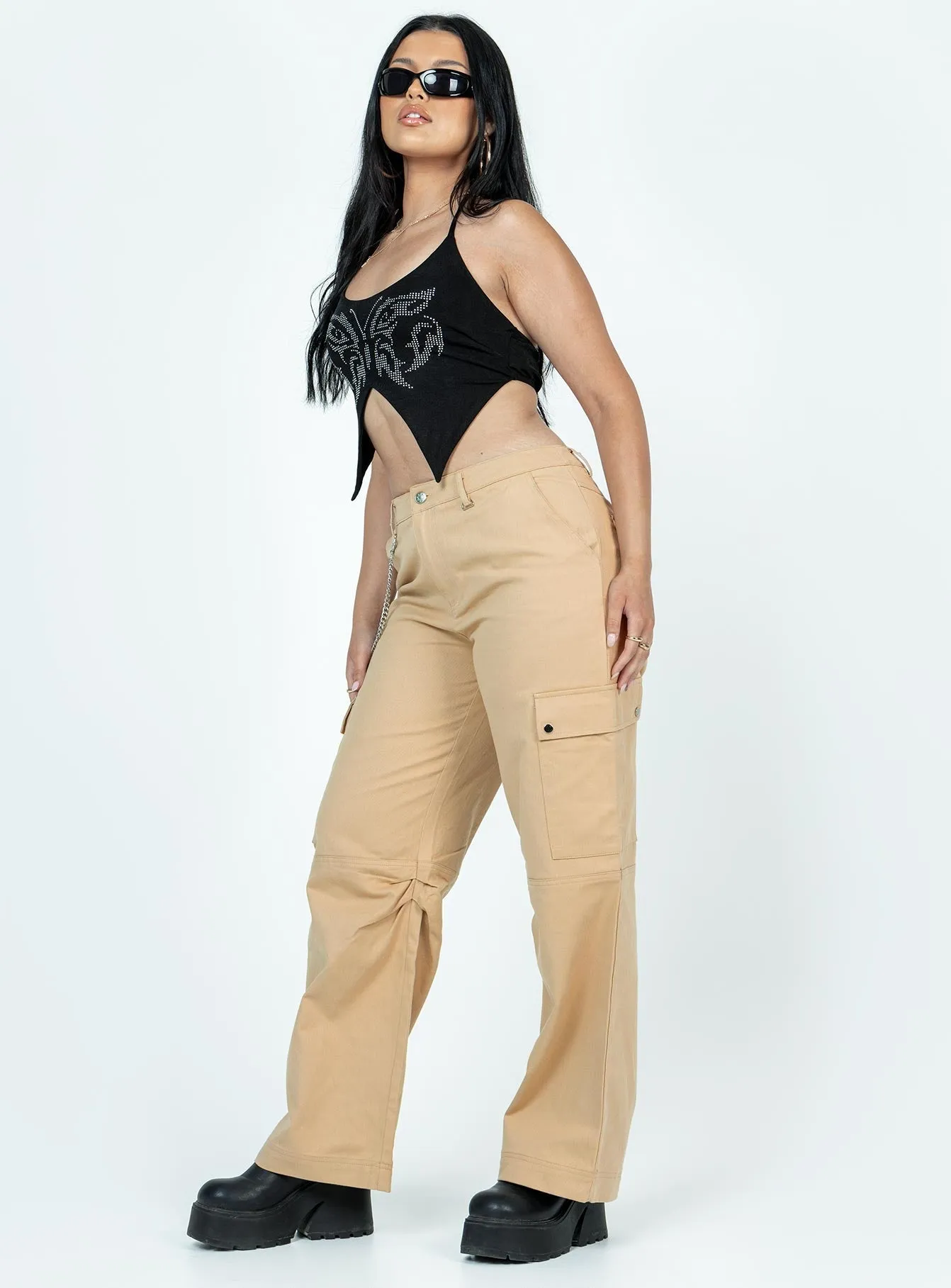 MachineWashableFabric Skinny Fit Fallout Mid Rise Cargo Pants Beige