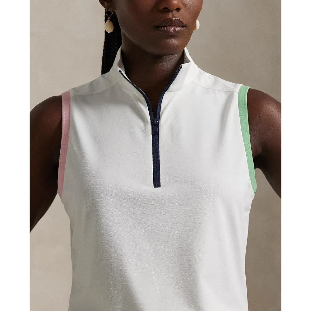 RLX Ralph Lauren Women's Tour Pique Sleeveless Mock Neck 1/4 Zip Golf Top - White/Garden Pink/Pistachio AntibacterialMaterial ReflectiveDetails