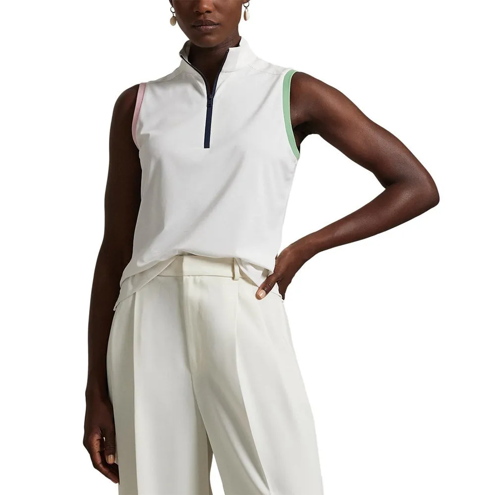 FourWayStretchClothing AntiPilling Surface RLX Ralph Lauren Women's Tour Pique Sleeveless Mock Neck 1/4 Zip Golf Top - White/Garden Pink/Pistachio