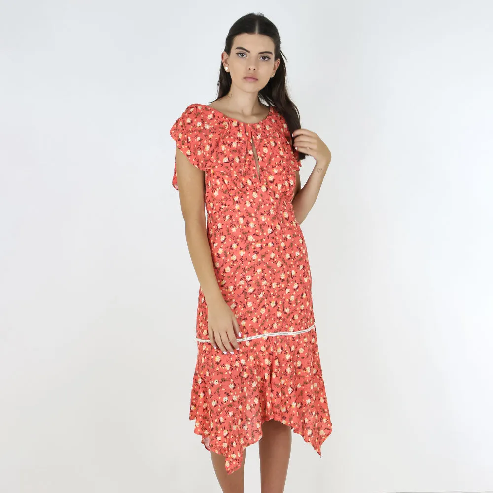 Trendy wrap gown All Day Women's Ruffled Floral Casual Midi Dress,Coral