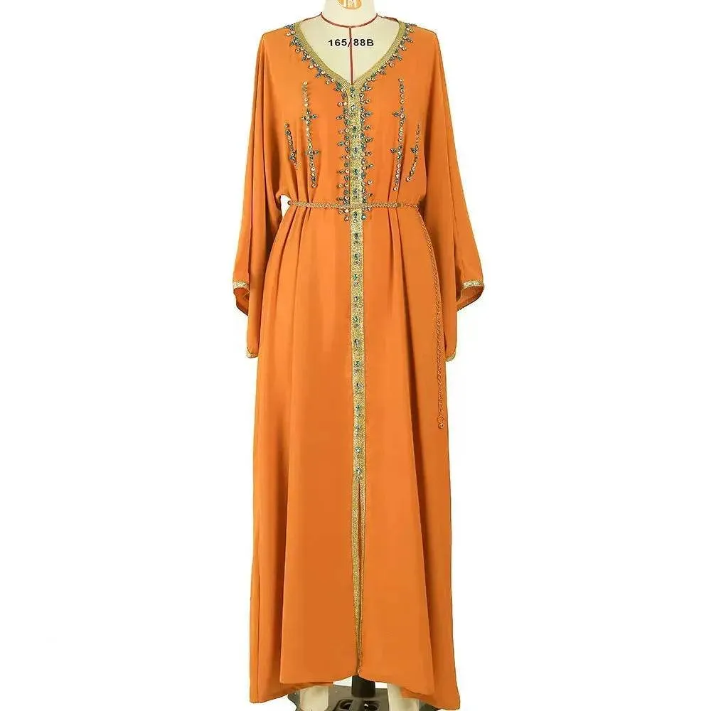 Cool Finish Adjustable-Straps Luxury Hand-stitched Diamond Sleeve Dress Middle East Dubai Abaya Dress Fancy Summer Abaya Turkey Embellished Abaya dress