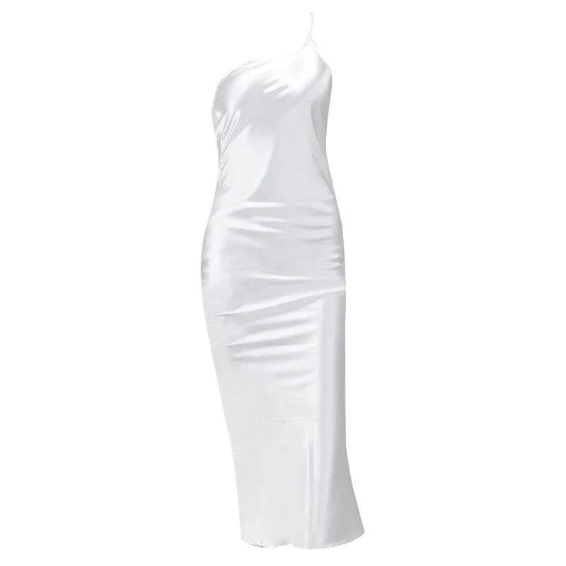 Cold-Shoulder Elegant Women's Midi Satin Dress One Shoulder Spaghetti Strap Backless Ruched Summer DRESS