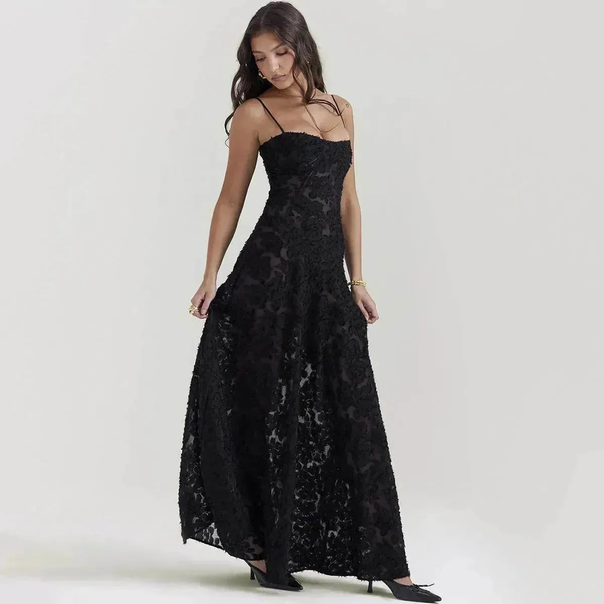 Fashion Suspender Lace Long Dress Summer Strapless Collar Elegant Evening Dresses For Women Bless Glow Spring Garden