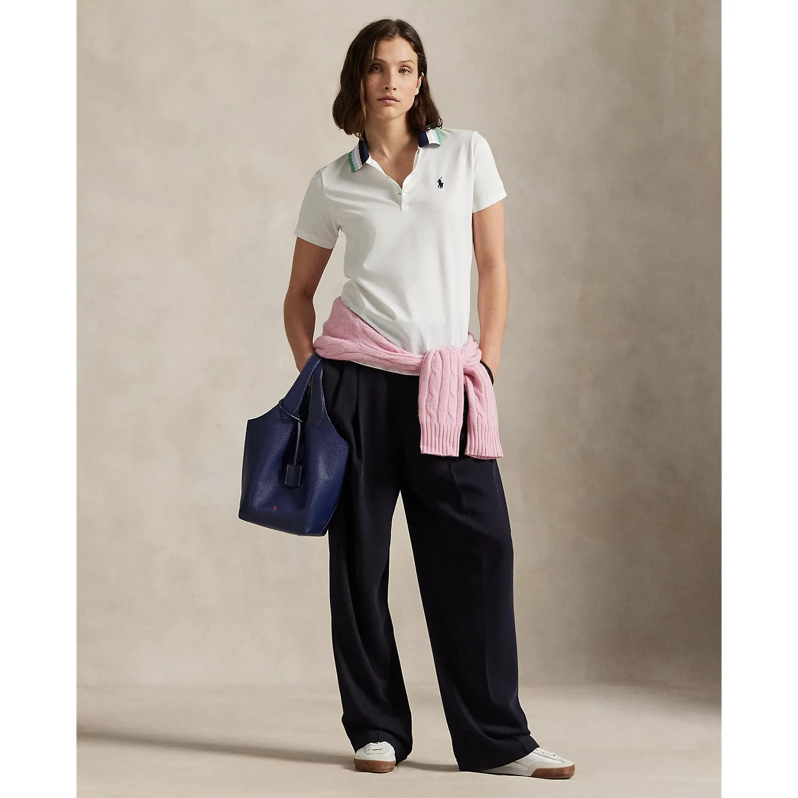 RLX Ralph Lauren Women's Tour Pique Knit-Collar Polo Golf Shirt - Ceramic White/Refined Navy Multi Wind Ease