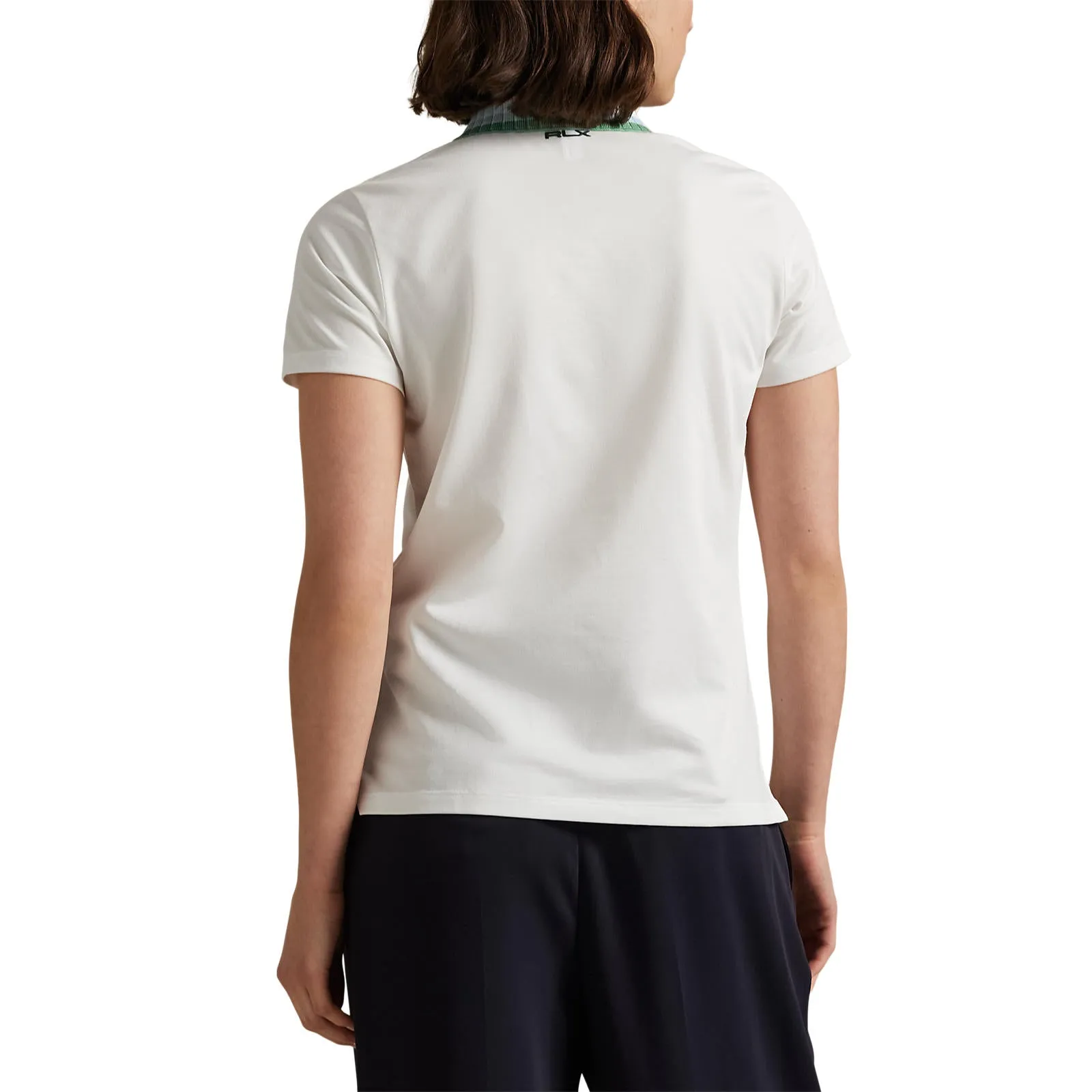 Quiet Charm CompactFold RLX Ralph Lauren Women's Tour Pique Knit-Collar Polo Golf Shirt - Ceramic White/Refined Navy Multi