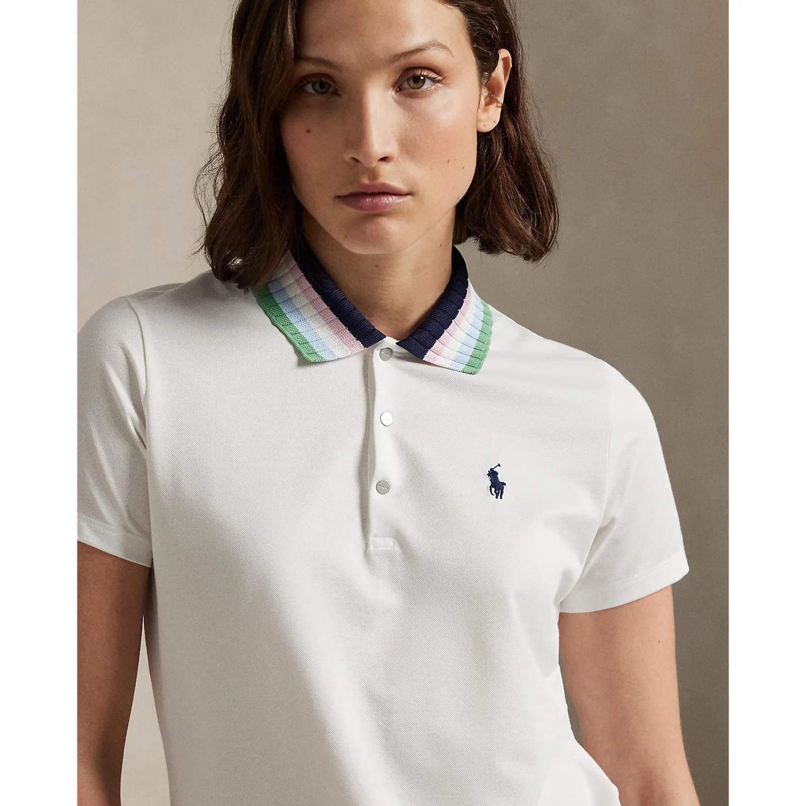 Star Light Art Mood RLX Ralph Lauren Women's Tour Pique Knit-Collar Polo Golf Shirt - Ceramic White/Refined Navy Multi