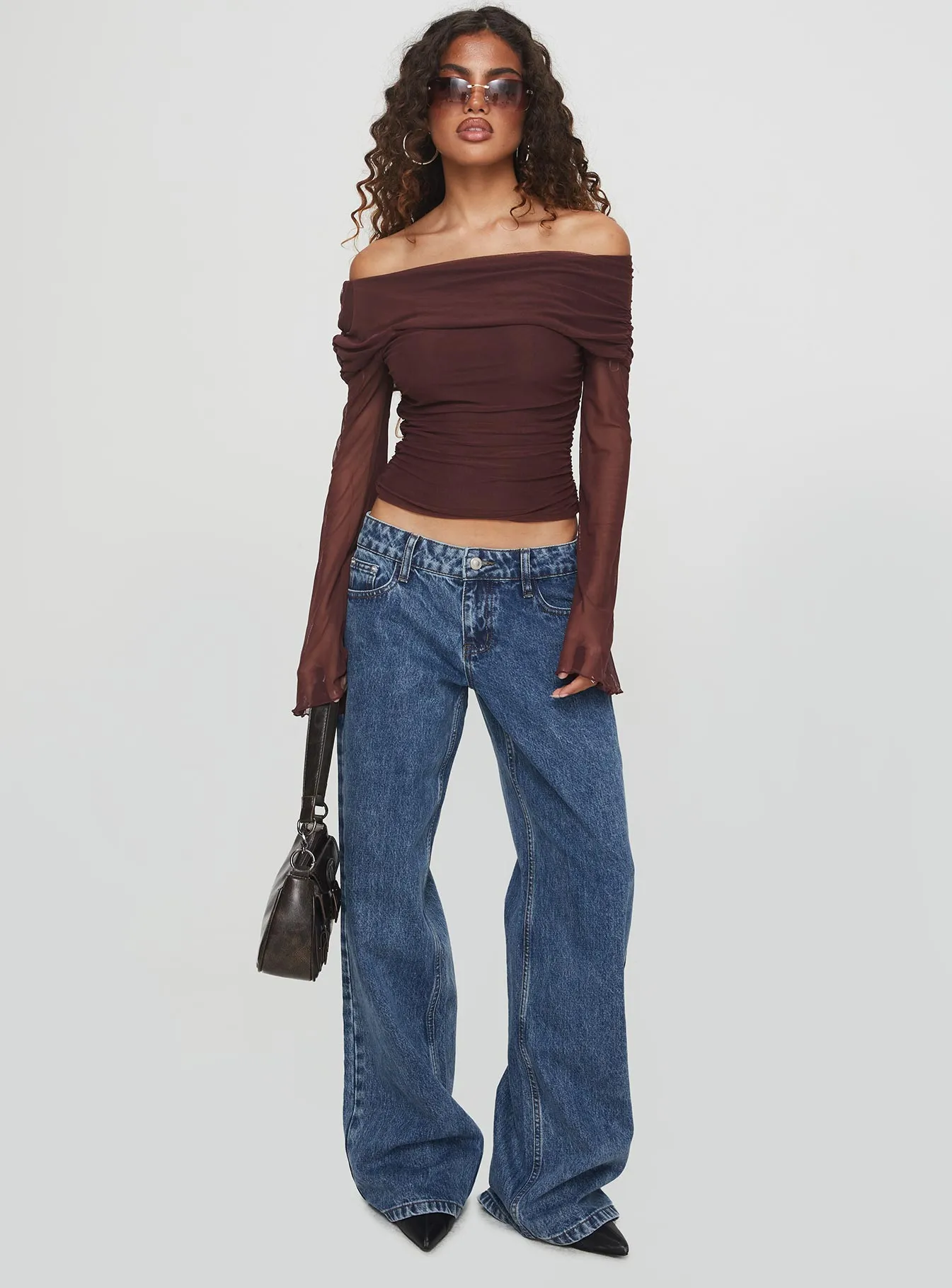Hidden Zip Pockets Quick-Dry Material Ellanor Low Rise Slouch Denim Jean Mid Blue