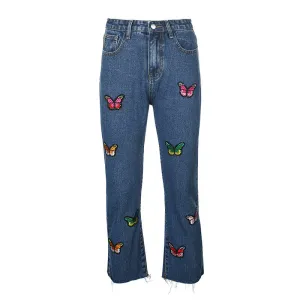 Butterfly Embroidery Straight Leg Cute Girl Denim Casual Pants Slim Trousers Wild Mood