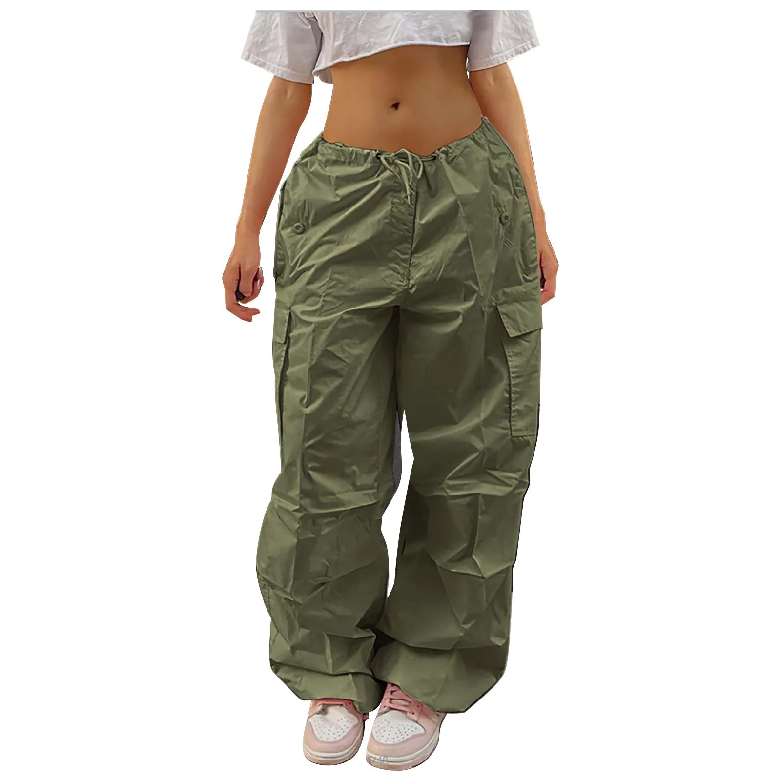 Relaxed Layer Casual Cargo Pants For Women Solid Color Drawstring Pocket Design Fashion Street Trousers Girls