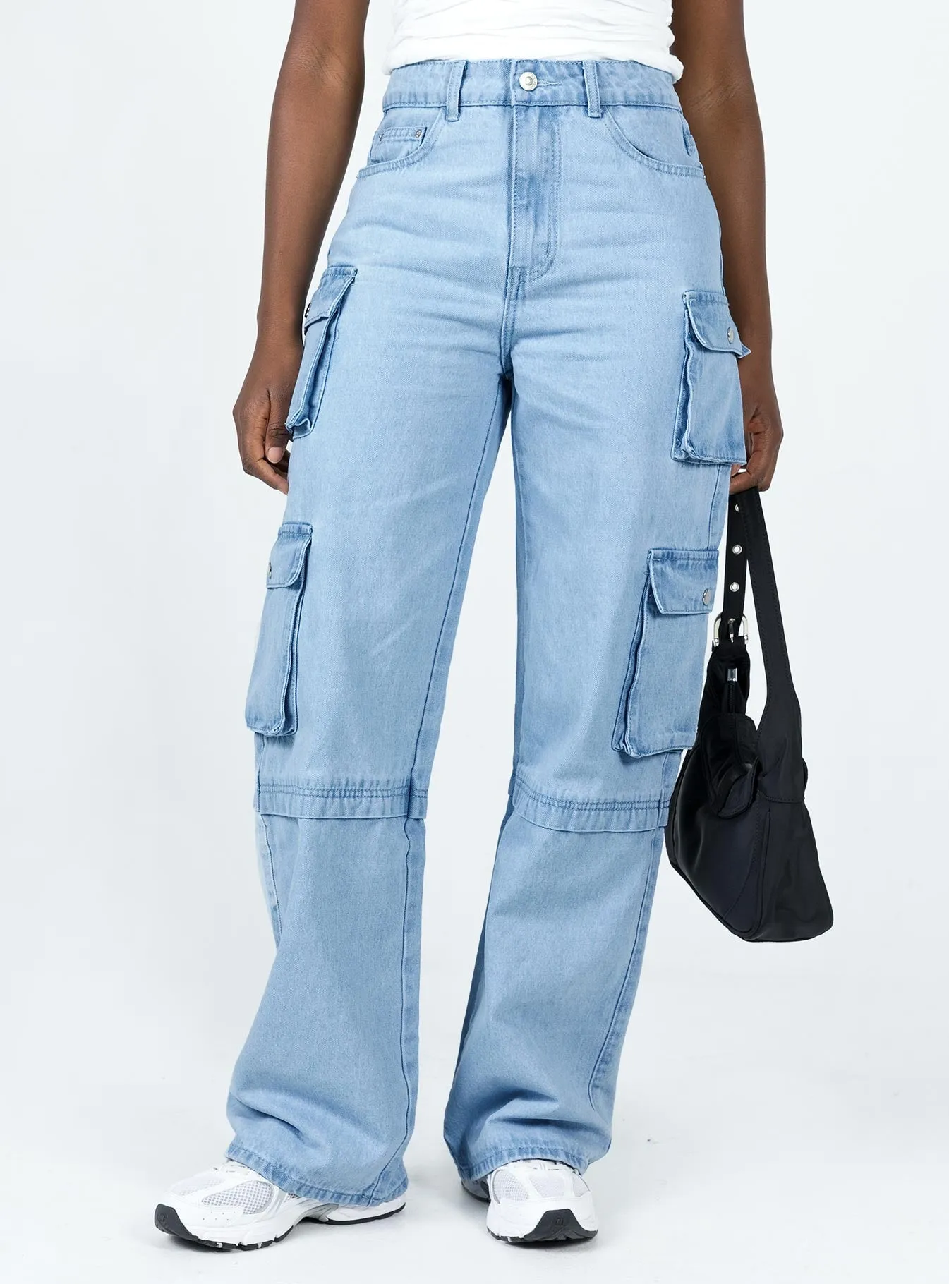 Elastic waist Breathable Comfort Fit Darla Cargo Denim Jeans Light Wash Denim