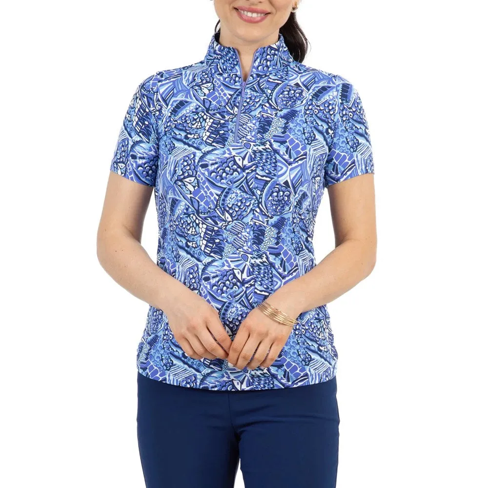 WaterRepellent Coating Brunch Fit IBKUL Women's Krista Print Short Sleeve Zip Mock Neck - Plum/ Lavender