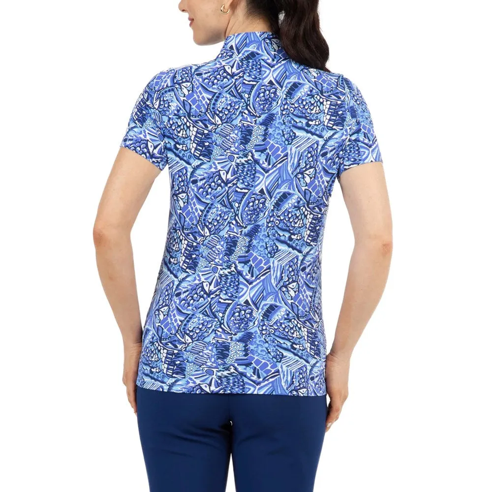IBKUL Women's Krista Print Short Sleeve Zip Mock Neck - Plum/ Lavender Vented Panels