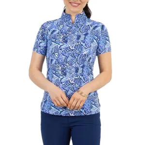 WaterRepellent Coating Brunch Fit IBKUL Women's Krista Print Short Sleeve Zip Mock Neck - Plum/ Lavender