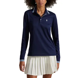 Trendy Cut SeamlessFit RLX Ralph Lauren Women's Tour Pique Long Sleeve Polo Shirt - Refined Navy/Sutton Blue/Ceramic White