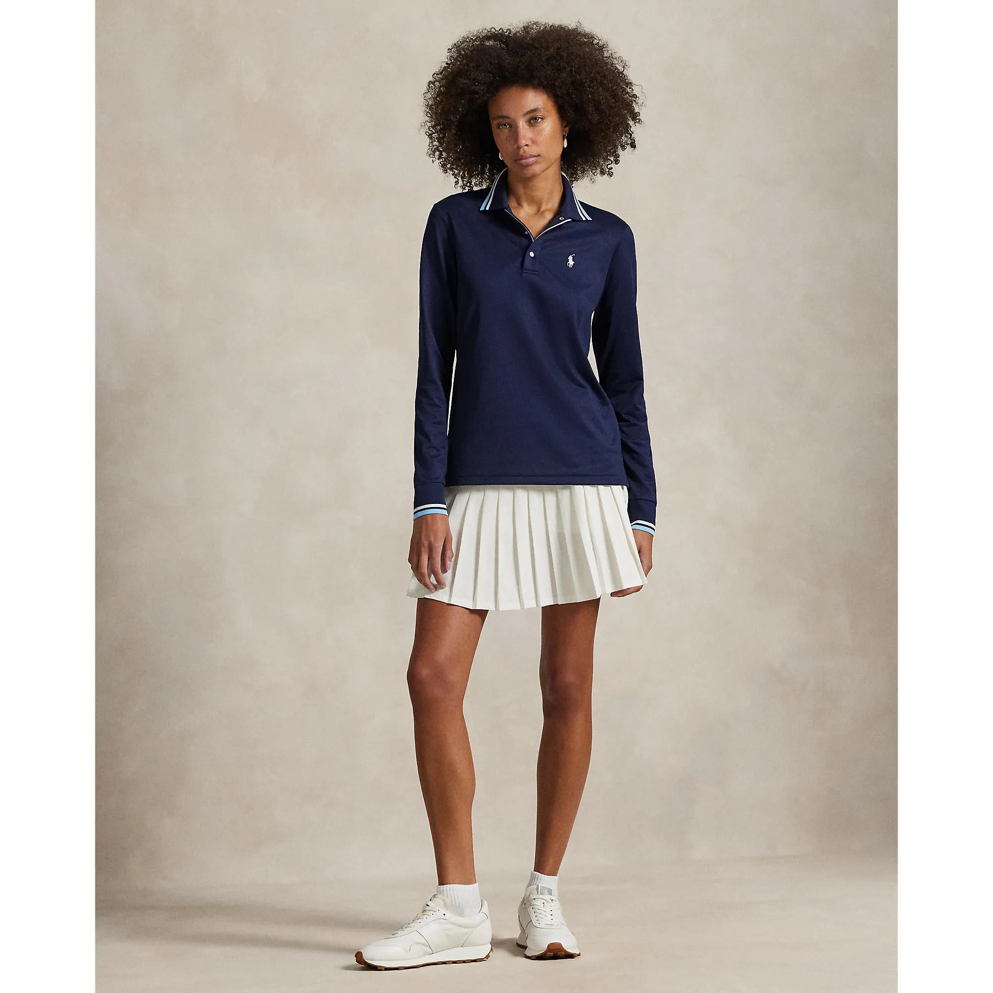 LayeredPanels RLX Ralph Lauren Women's Tour Pique Long Sleeve Polo Shirt - Refined Navy/Sutton Blue/Ceramic White