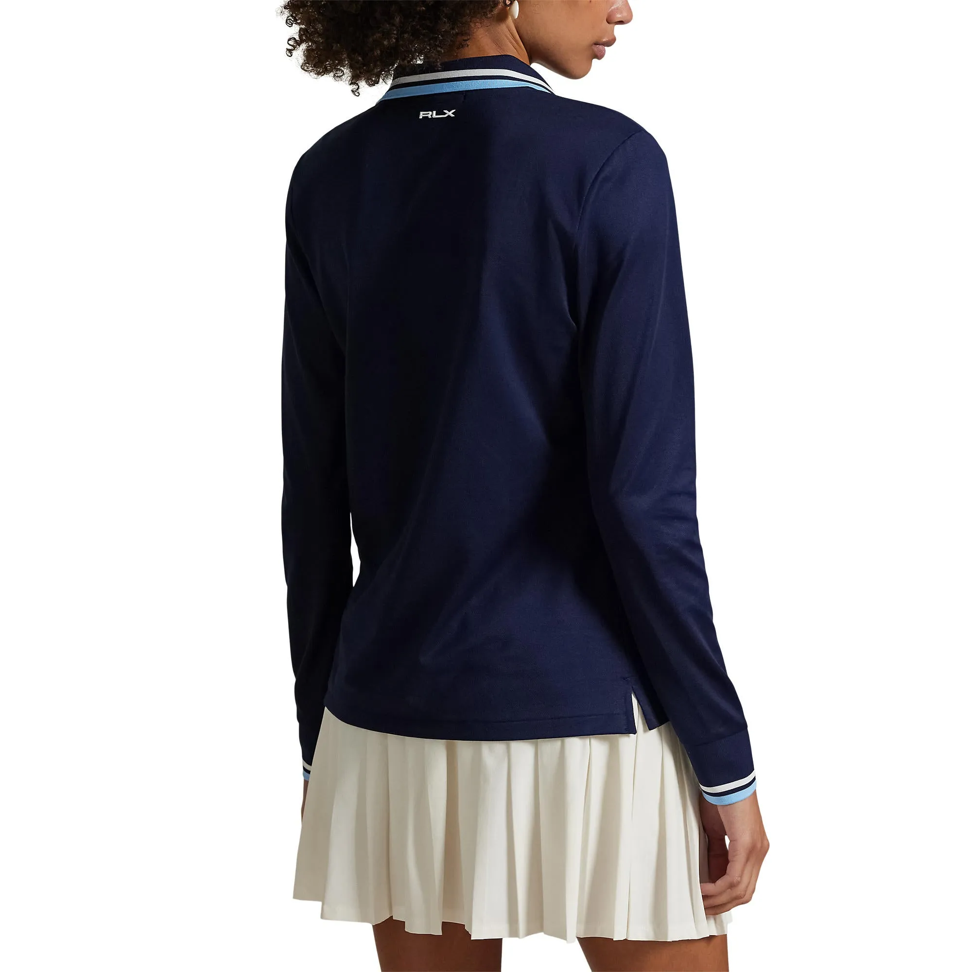 RLX Ralph Lauren Women's Tour Pique Long Sleeve Polo Shirt - Refined Navy/Sutton Blue/Ceramic White Tagless Design Casual Comfort