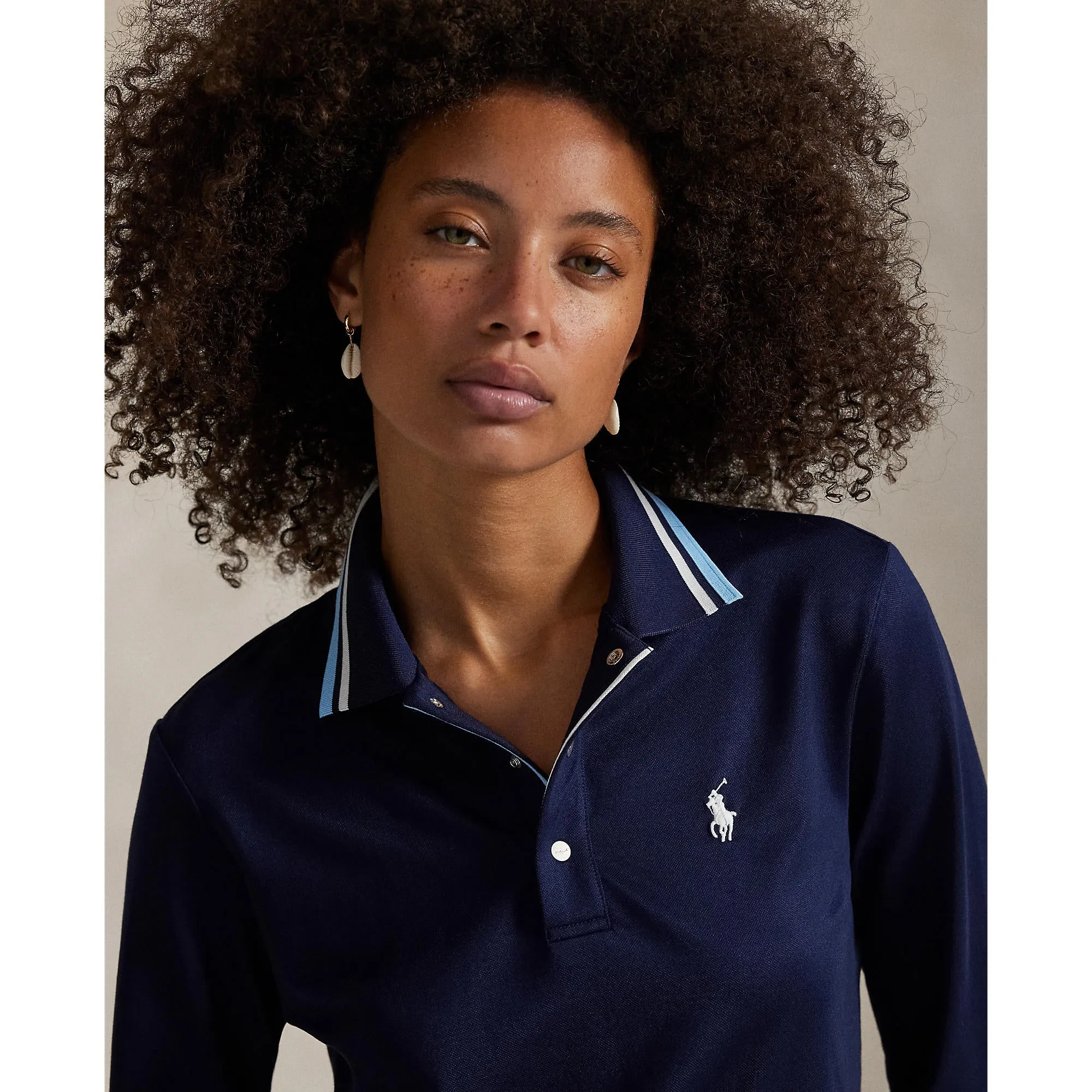 Summer Glow RLX Ralph Lauren Women's Tour Pique Long Sleeve Polo Shirt - Refined Navy/Sutton Blue/Ceramic White