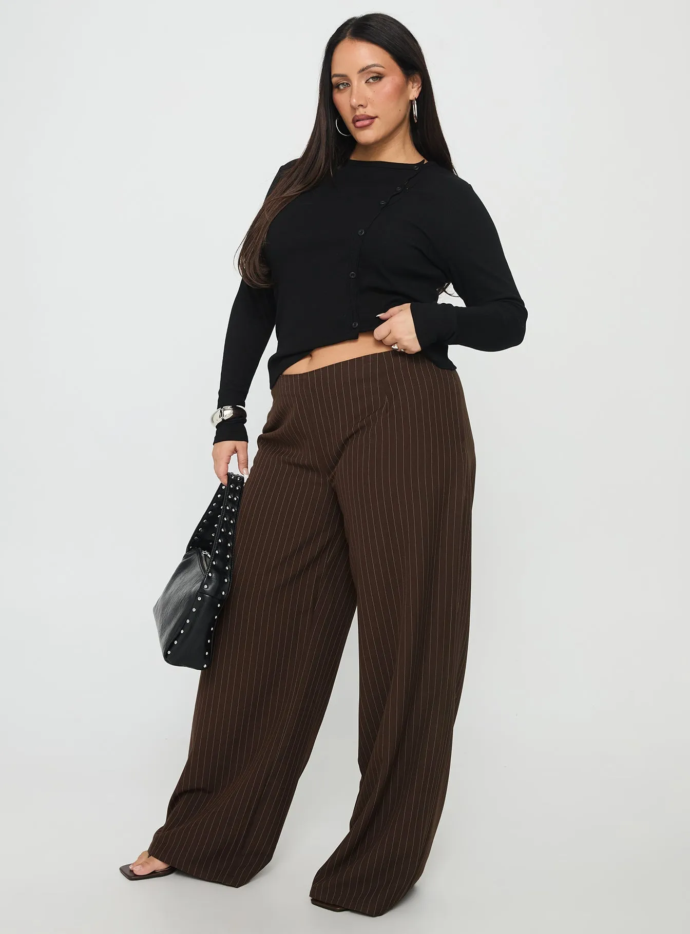 Khane Low Rise Wide Leg Pant Brown Pinstripe Curve Quick Cool Performance Stretch