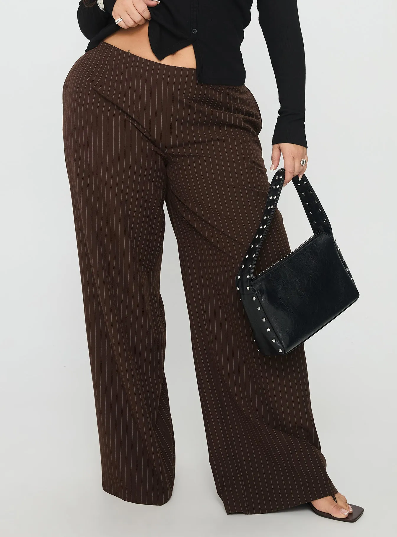 Khane Low Rise Wide Leg Pant Brown Pinstripe Curve HighWaistSupport Movement Flex