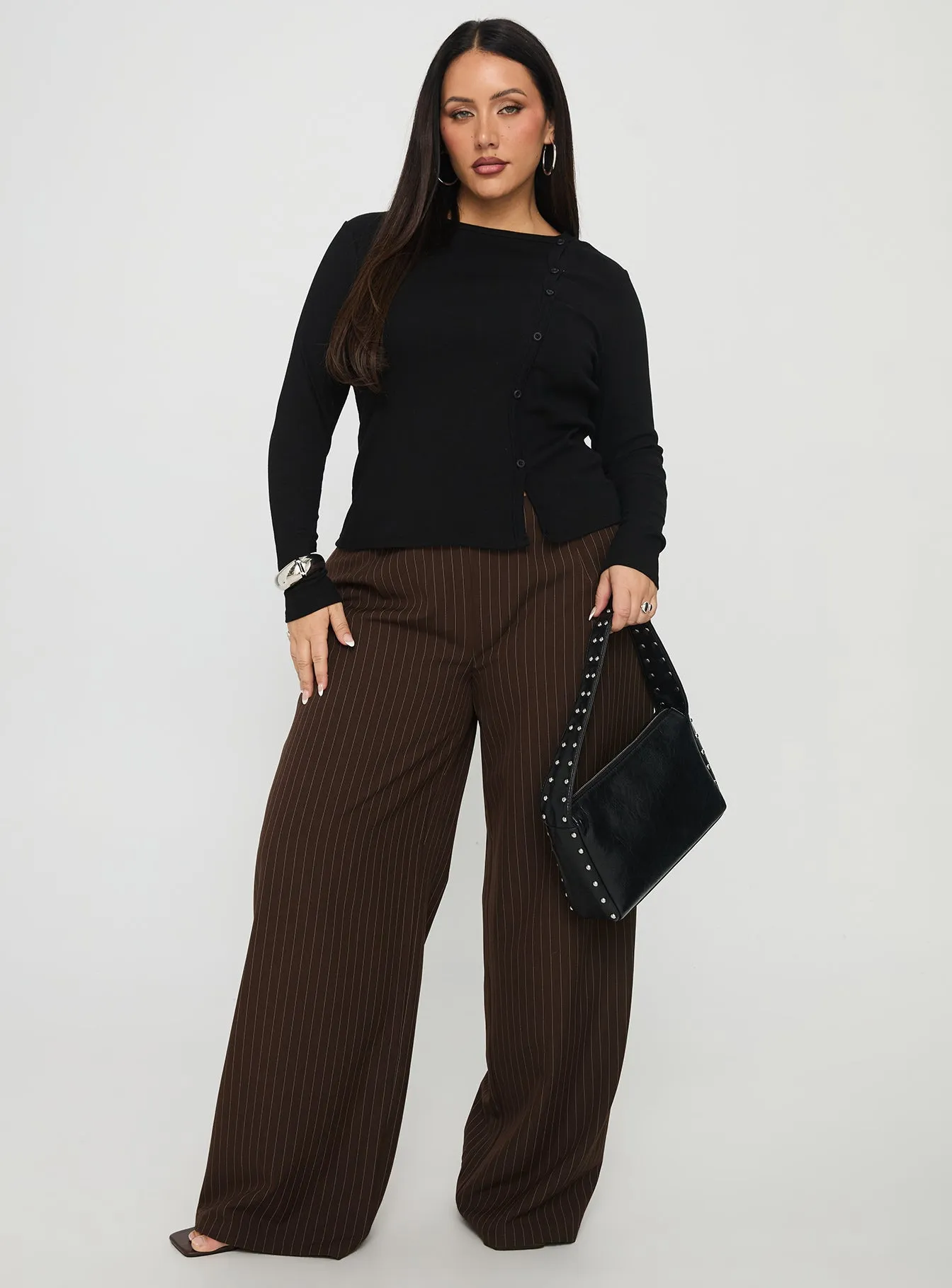 Khane Low Rise Wide Leg Pant Brown Pinstripe Curve Stretchy Waist Relaxed Design Wear