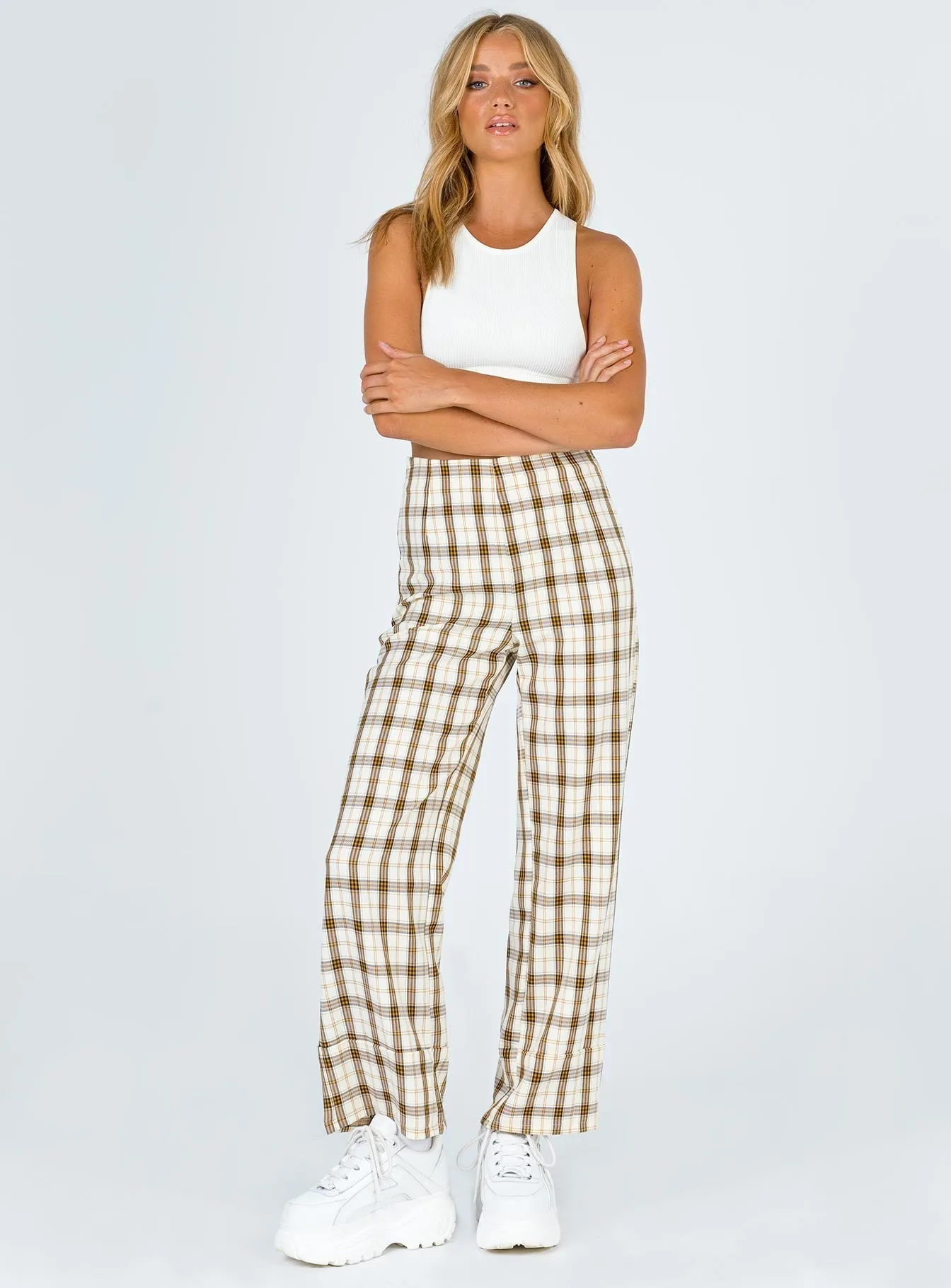 Euros Pants Yellow Check Fitted Style