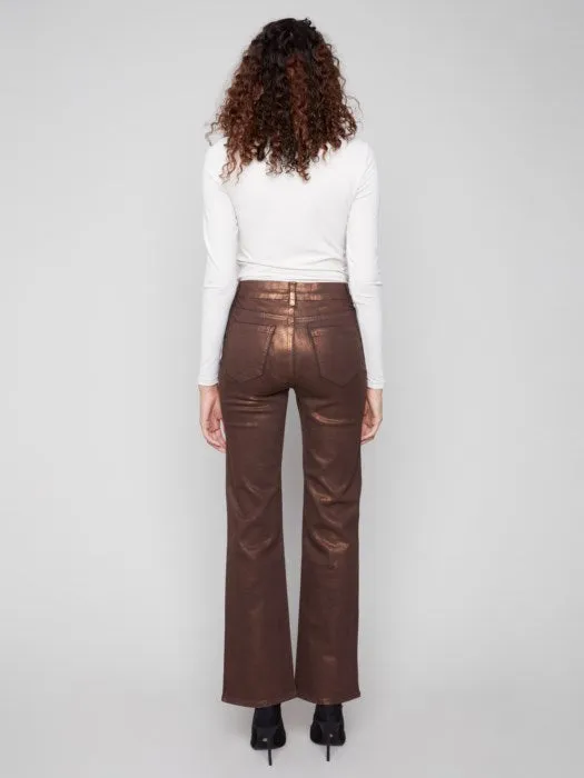 CHARLIE B FLARE LEG FOIL TWILL PANTS - BRONZE LayeredConstruction