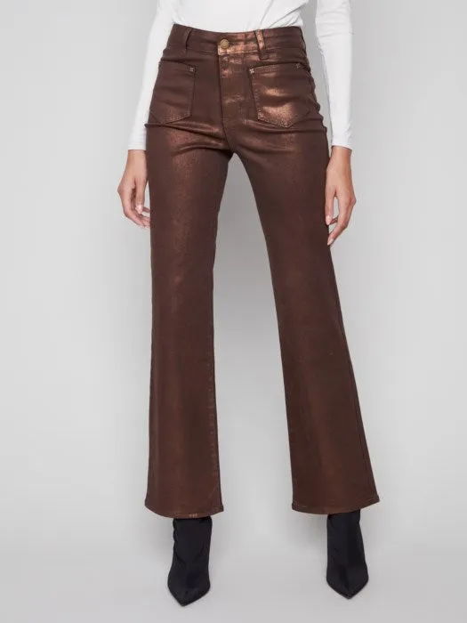 Pure Fit breathable materials CHARLIE B FLARE LEG FOIL TWILL PANTS - BRONZE