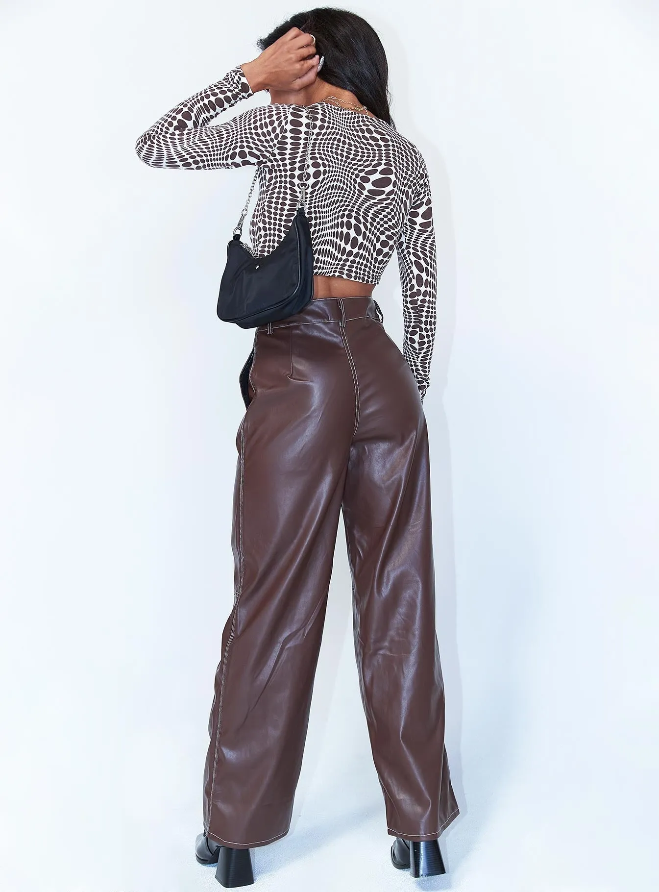 Jaylan Constrast PU Pants Brown Work Comfort