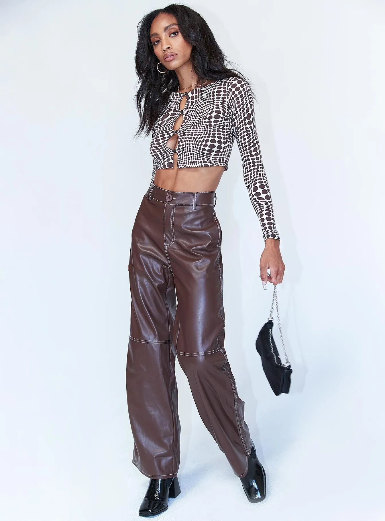 Jaylan Constrast PU Pants Brown Chill Comfort Fit