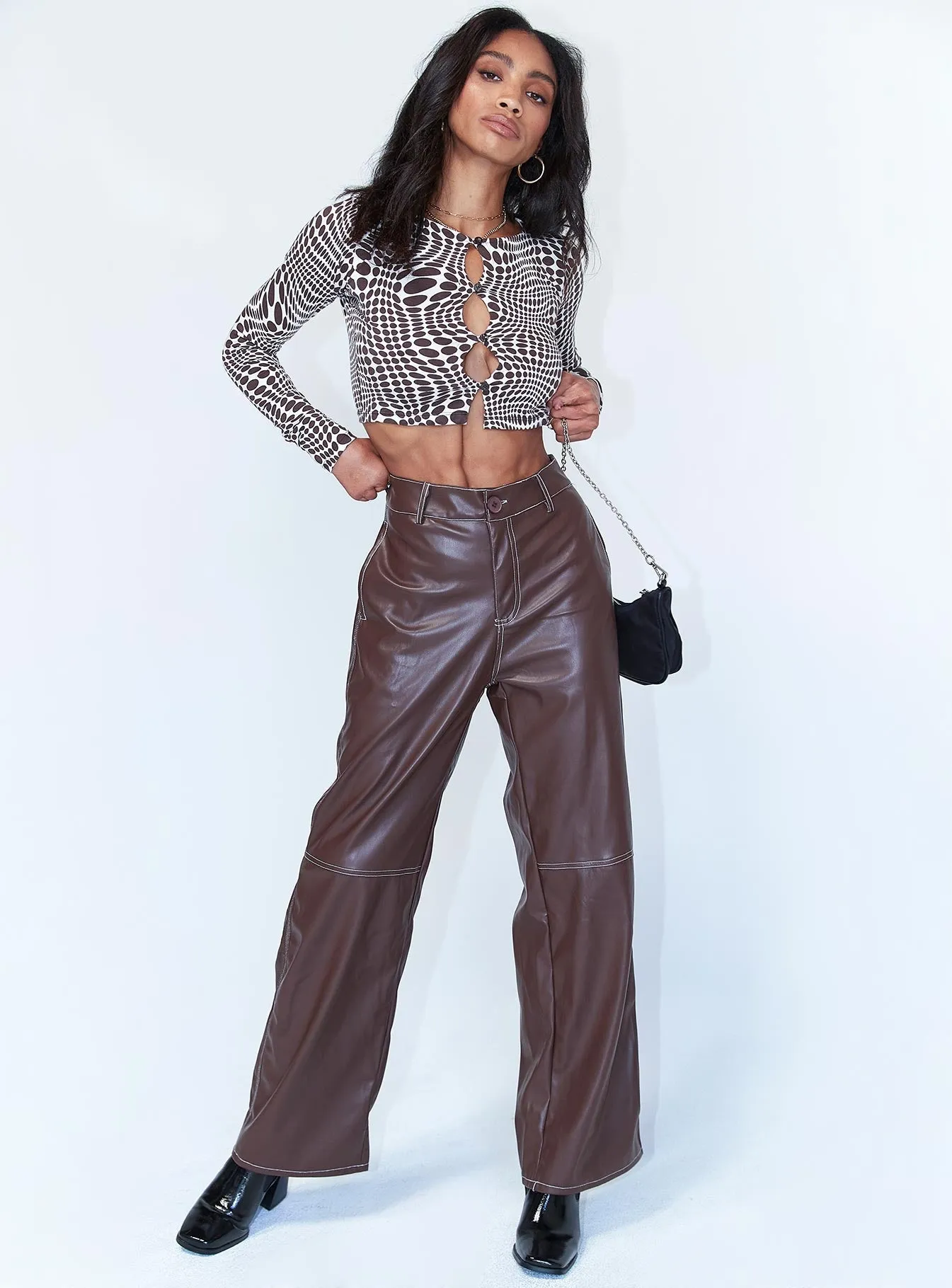 Flat Seams All Day Wear Comfort Jaylan Constrast PU Pants Brown